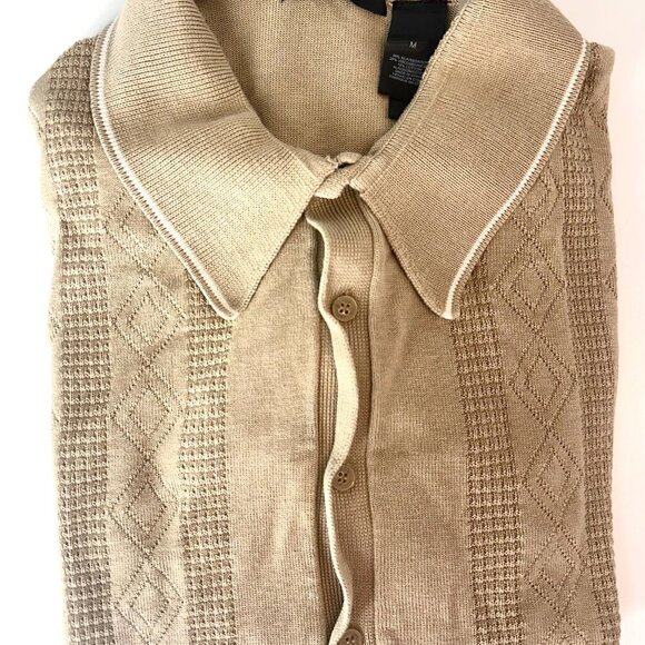 Claiborne Tan Diamond-Patterned Button Up Men's Medium Silk Shirt - Picture 4 of 5